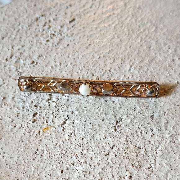 Vintage Art Nouveau Era Openwork Gold Tone Faux Seed Pearl Bar Brooch La… - Picture 7 of 9